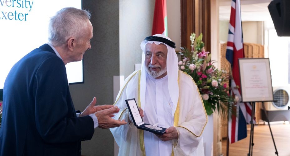 His Highness Sheikh Dr Sultan bin Muhammad Al Qasimi, the Ruler of Sharjah receiving the Chancellor's Medal